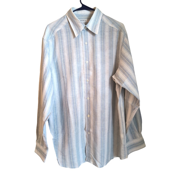 Concepts Linen Blend Button Down Shirt Men's size L Blue White Stipe Long Sleeve - Picture 1 of 15
